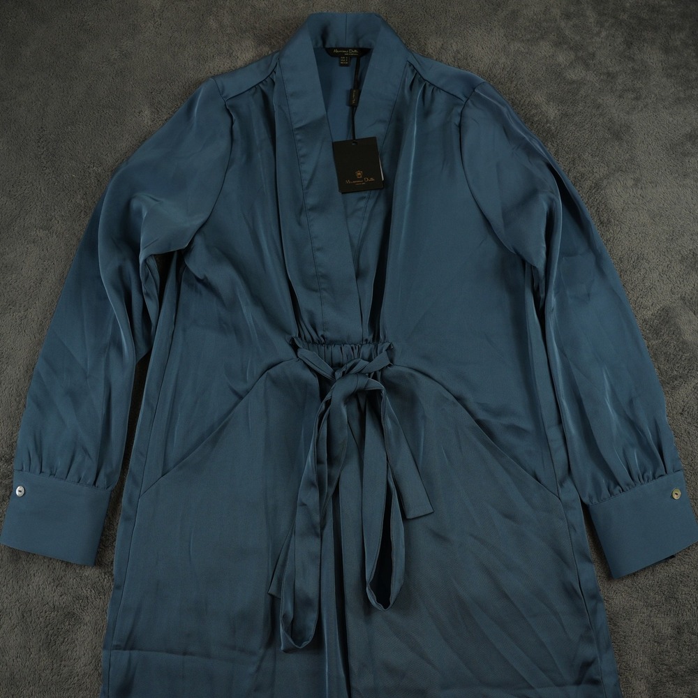 Massimo Dutti Dress Womens Small Teal Blue Satin Long Sleeve Midi NWT